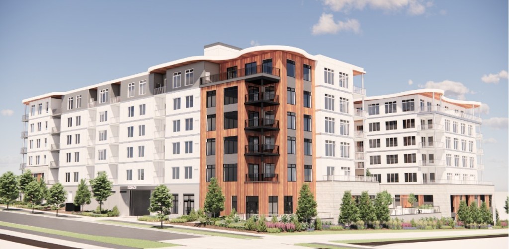 A rendering of a 176-unit market-rate multifamily building in Block 11 of Highland Bridge, in St. Paul, Minn., being built by Weidner Apartment Homes.