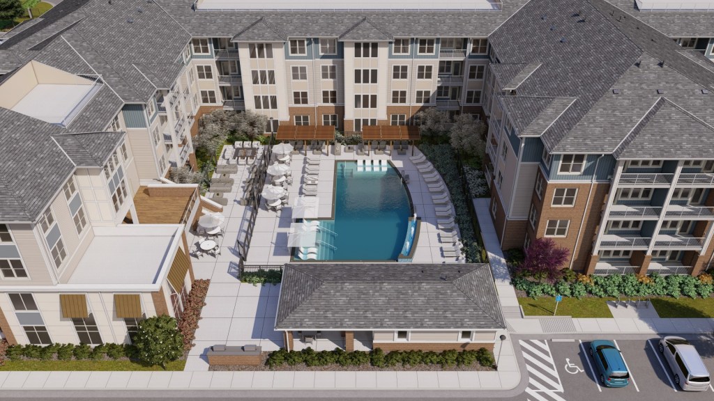 A rendering of the pool deck at Attain at Newtown.
