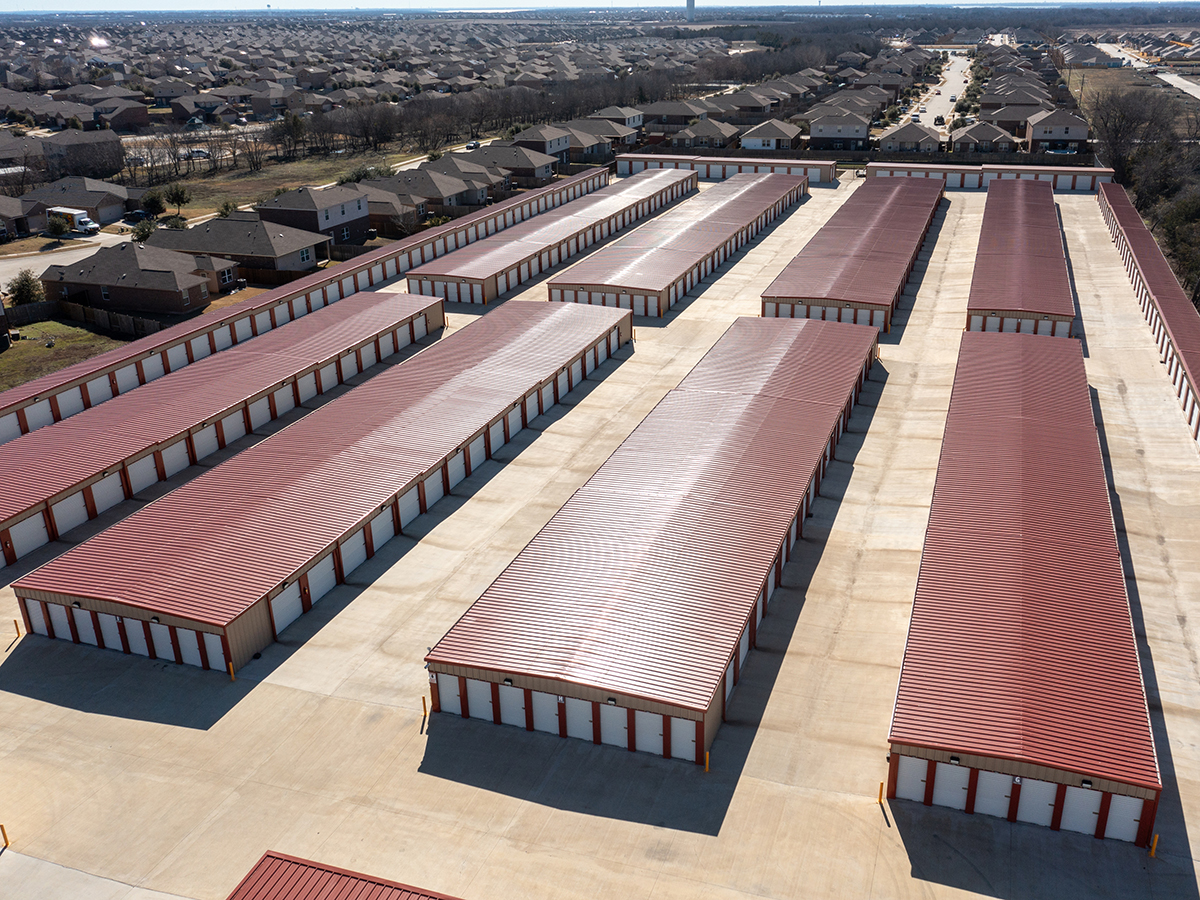 Aerial shot of rows of self storage units.