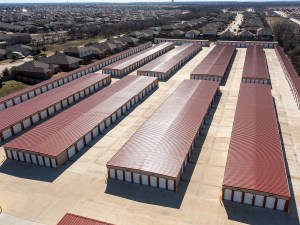 Aerial shot of rows of self storage units.