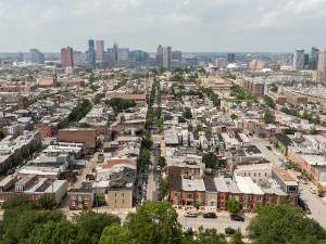 Afternoon aerial view of historic row homes in the Riverside neighborhood of Baltimore, Maryland, USA.