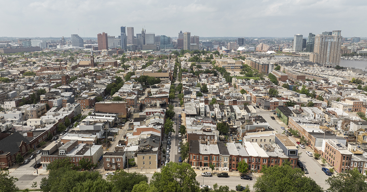 Afternoon aerial view of historic row homes in the Riverside neighborhood of Baltimore, Maryland, USA.