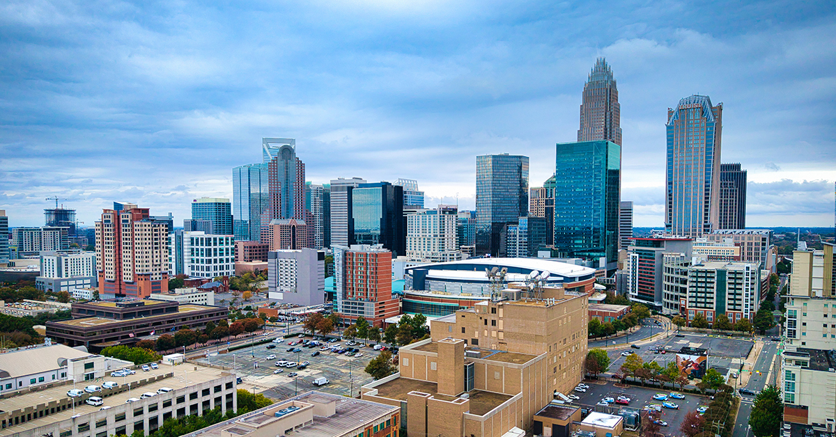 Stunning aerial shot of the vibrant urban skyline of Charlotte showcasing its modern architecture magnificently