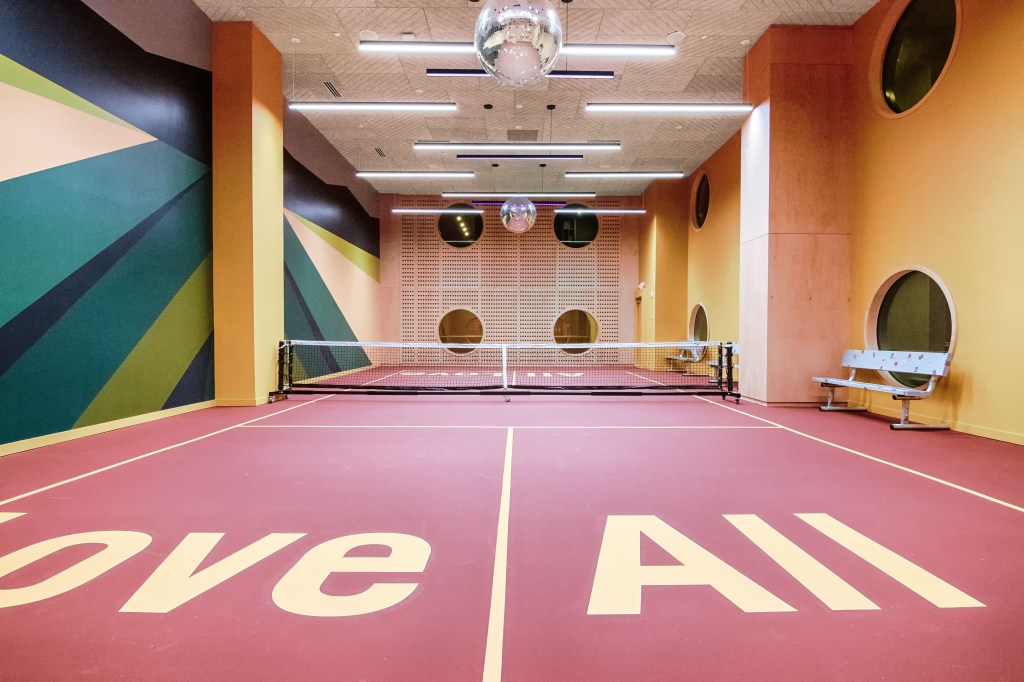 colorful pickle ball court with disco decor