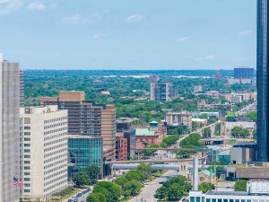 Aerial shot of Skyscrapers and office buildings in the skyline in Detroit Michigan USA