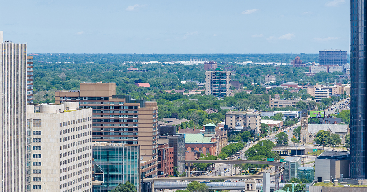 Aerial shot of Skyscrapers and office buildings in the skyline in Detroit Michigan USA