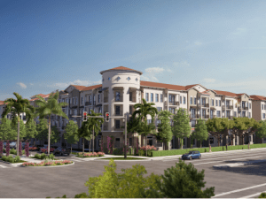 A rendering of the first phase of a mixed-use development in the Village of Estero by FRP Development and Woodfield Development.
