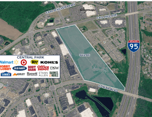 Aerial shot of the development parcel, with I-95 and retail options marked on the map.