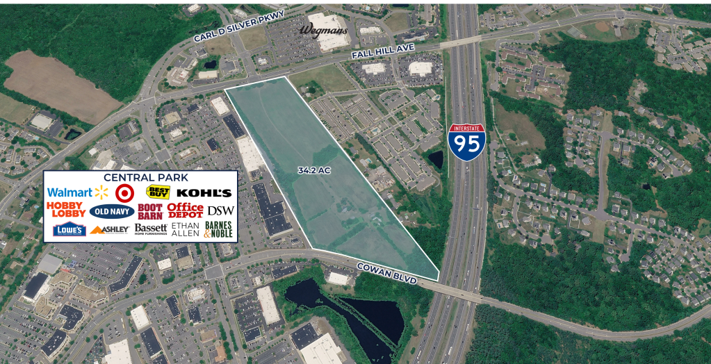Aerial shot of the development parcel, with I-95 and retail options marked on the map.