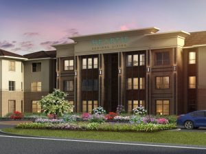 Rendering of the exterior of Heartis Mid Cities, a 178-unit senior community in Bedford, Texas. Image includes the front of a building, a lawn with flowers and a car on the right side