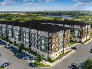 A rendering of Stone Ridge at High Street, a 150-unit affordable housing community being developed by The NRP Group in Columbus, Ohio.