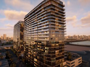 Exterior image of the two 25-story condominium towers within the Oasis Hallandale project in Hallandale Beach, Fla.