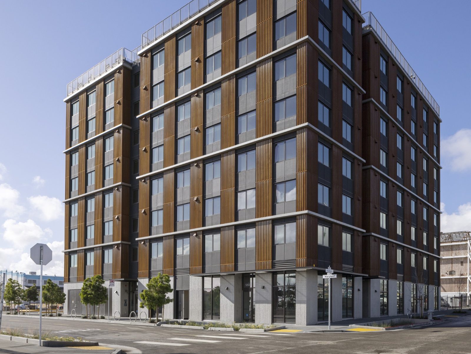 A photo of The Sophie Maxwell Building, a 105-unit, permanently affordable multifamily building developed by Fifth Space at the Power Plant development in San Francisco. JPMorganChase helped finance the project.