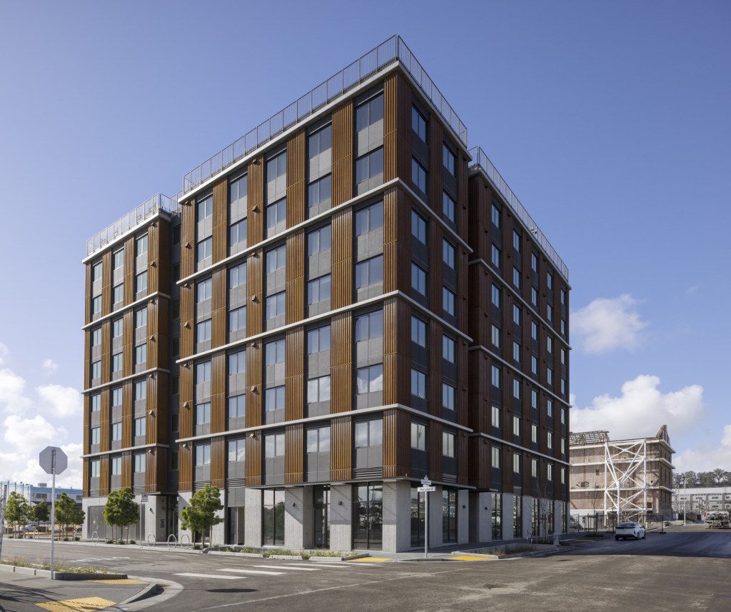 A photo of The Sophie Maxwell Building, a 105-unit, permanently affordable multifamily building developed by Fifth Space at the Power Plant development in San Francisco. JPMorganChase helped finance the project.
