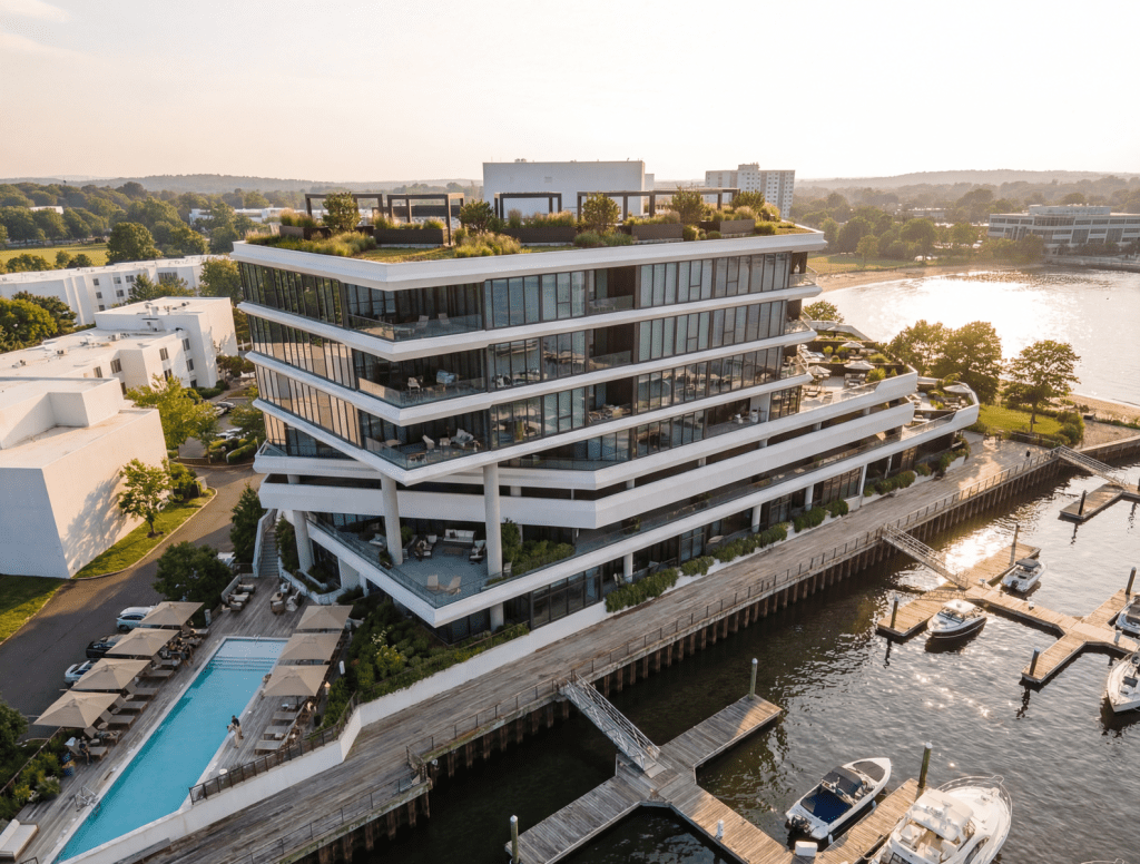 a rendering of The Caspian in Stamford, Conn., a planned office-to-residential conversion by Sun Homes and Hudson Bay Capital