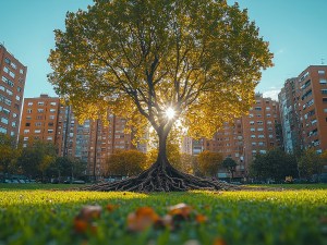 Tree with deep roots in front of apartment building