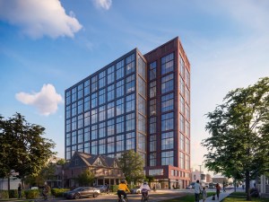 Exterior rendering featuring The Adeline, a fully affordable, $227 million project in downtown Ann Arbor, Mich.