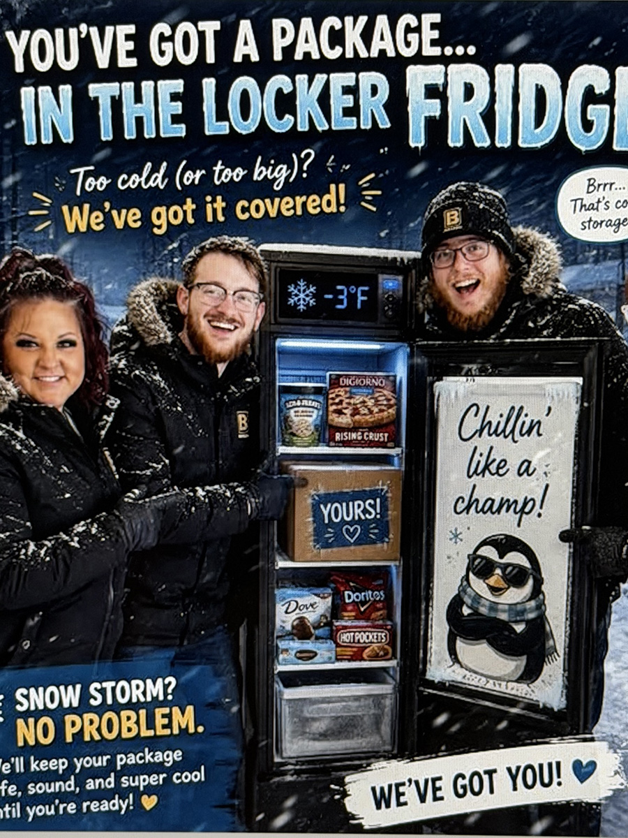 A humorous image used at Avant at Huntington Pointe that reminds residents they have packages in the lockers to retrieve.