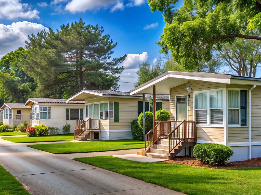 Serene row of tidy residential mobile homes with pitched roofs, trim lawns, and quaint porches, nestled among mature trees in a peaceful mobile home park.