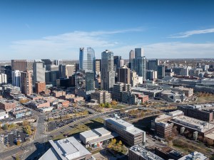 Aerial view of the skyline of Denver, Colorado, USA.