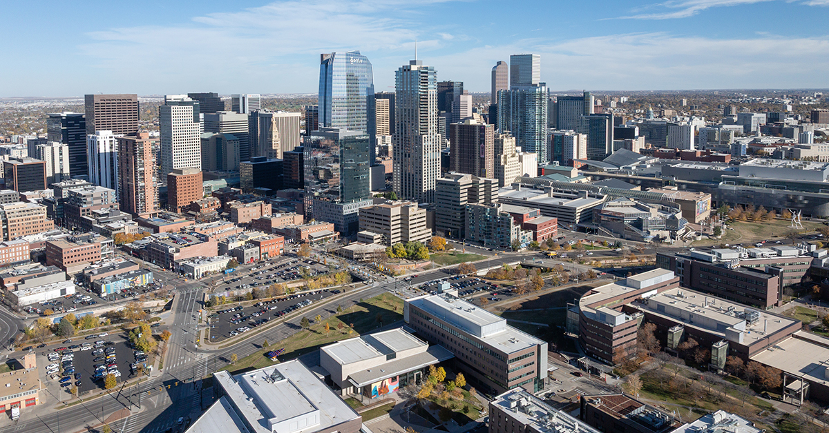 Aerial view of the skyline of Denver, Colorado, USA.