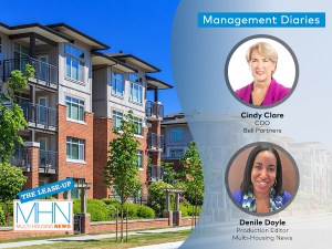 Headshots of Denile Doyle and Cindy Clare with an image of an apartment community in the background.