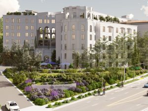 A rendering of Presidio Terrace Apartments, a $230 million on-campus student housing project being built by Harrison Street Asset Management and The Michaels Organization