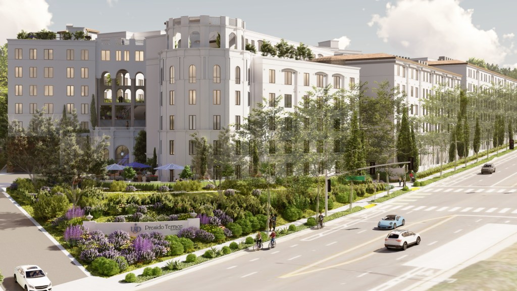 A rendering of Presidio Terrace Apartments, a 0 million on-campus student housing project being built by Harrison Street Asset Management and The Michaels Organization