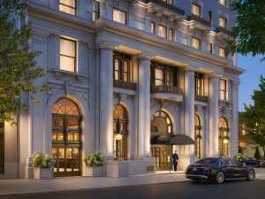 A rendering of the hotel at 98 Montague Street, occupying the former 14-story Renaissance Revival Hotel Bossert.