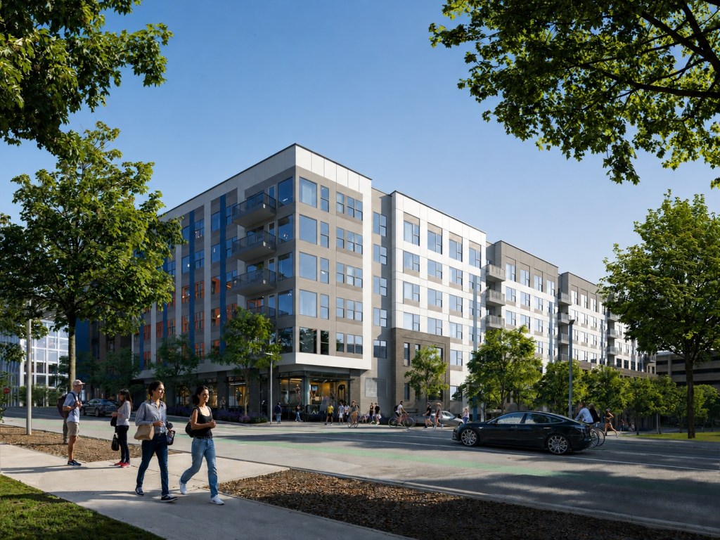 Exterior rendering of the future community near West Falls Church Metro Station.