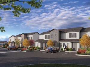 Exterior rending featuring some of the townhomes making up Terrell Family Apartments, an affordable LIHTC BTR project in Terrell, Texas.