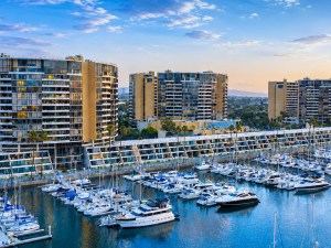 Exterior shot featuring the whole Marina City Club community in Marina del Rey, Calif.
