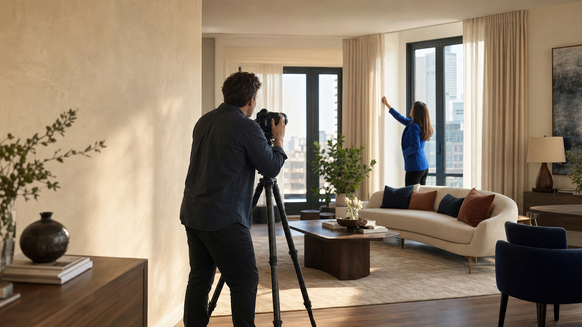 Professional photographer captures a bright staged residential interior for a property listing, representing real estate marketing, interior photography, home presentation and advertising with copy space.