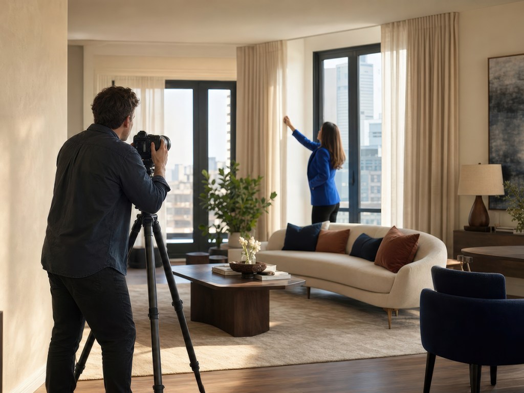 Professional photographer captures a bright staged residential interior for a property listing, representing real estate marketing, interior photography, home presentation and advertising with copy space.