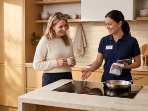 Appliance technician explains induction cooktop maintenance to a rental resident in a bright modern kitchen.