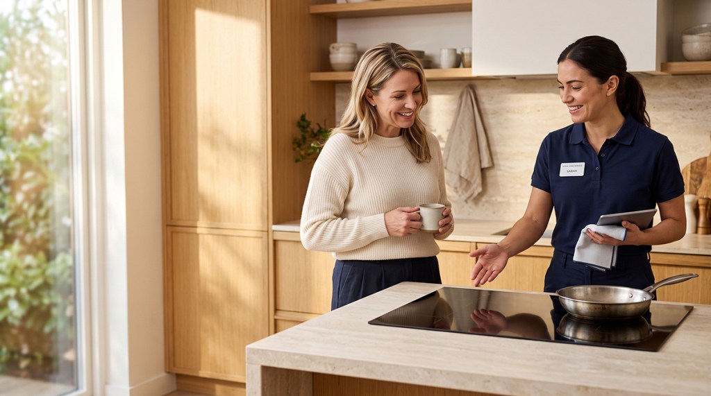 Appliance technician explains induction cooktop maintenance to a rental resident in a bright modern kitchen.