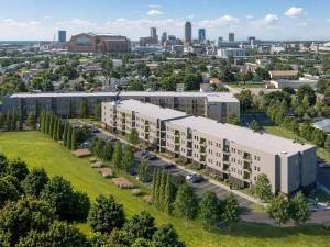 Aerial rendering depicting Central at Southside, an affordable housing project in Indianapolis.