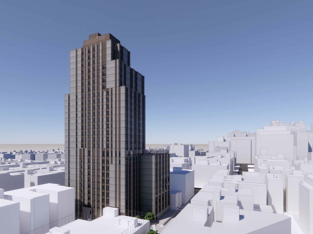 Rendering of dgecombe Center, a planned 28-story student housing tower near Columbia University Irving Medical Center in Washington Heights