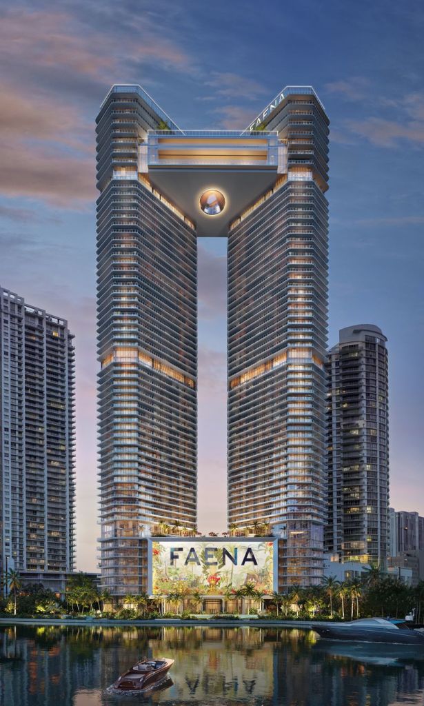 Rendering of Faena Residences Miami. a condo project with two towers.