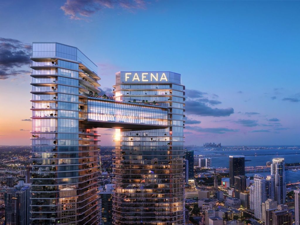 Rendering of Faena Residences Miami. a condo project with two towers connected through a sky bridge.