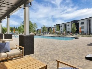 The pool at Pointe Grand Tower Center in Palm Coast, Fla., that has recently been completed by Hillpointe. The 264-unit property is an attainable housing property with rents starting at $1,450.