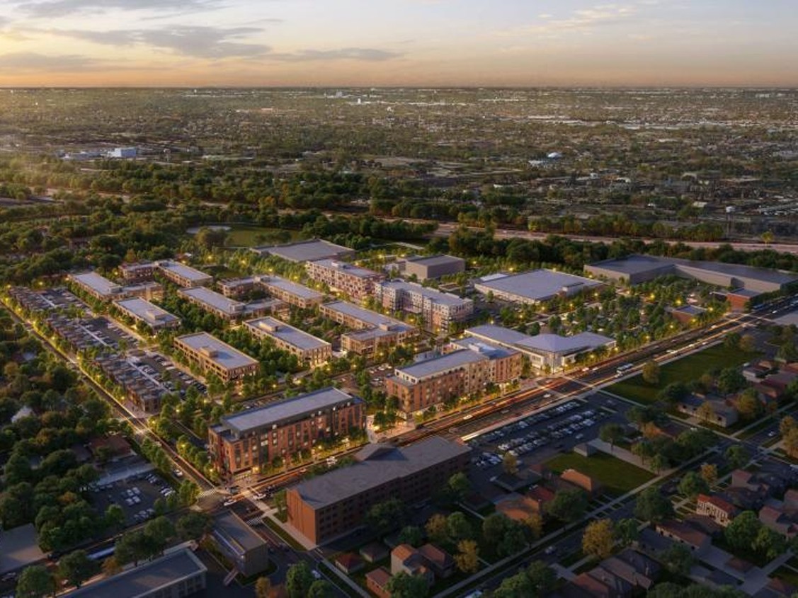 exterior rendering of LeClaire Courts, a mixed-use redevelopment in Chicago.