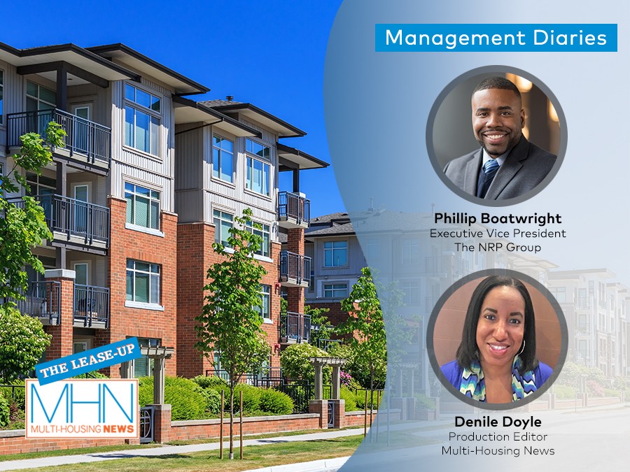 Headshots of Denile Doyle and Phillip Boatwright with an image of an apartment community in the background.