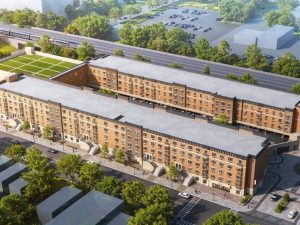 Aerial rendering of Meridia Brownstones II, a 200-unit development in Rahway, N.J.
