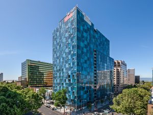Aerial shot of One South Market, a 312-unit multifamily community in downtown San Jose, Calif.