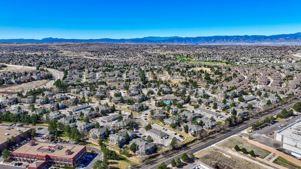 An aerial photo of the Blue Ridge community within the Palomino Park portfolio in Highlands Rach, Colo., near Denver.