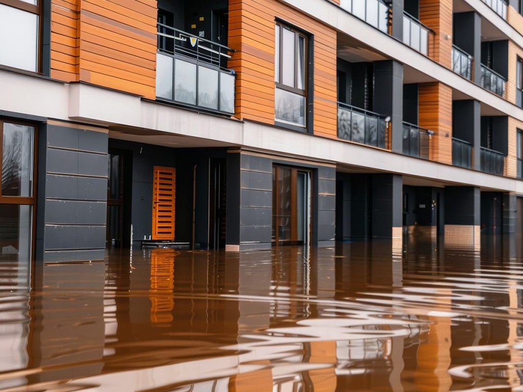 Flooded modern apartment building with brown water covering the ground floor, highlighting urban flooding and disaster impact. Concept of urban flooding.