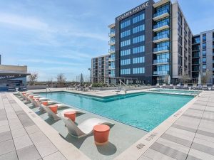 Pool-side shot of Solaris Apartment Homes, a 341-unit upscale community in Austin, Texas.